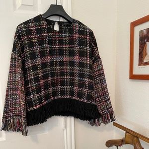 Zara Tweed Textured Fringe Sweater Top Size XS
